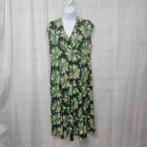 Jones New York Green Black Y2K Babydoll Floral Midi Dress Retro Boho 16